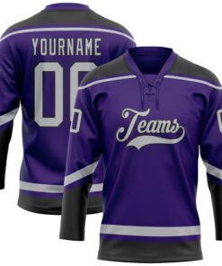 Custom Purple Gray-Black Hockey Lace Neck Jersey