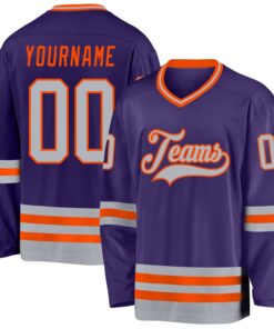 Custom Purple Gray-Orange Hockey Jersey