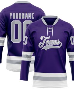 Custom Purple Gray-White Hockey Lace Neck Jersey