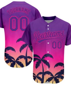 Custom Purple Hot Pink 3D Pattern Design Hawaii Palm Trees Authentic Baseball Jersey