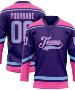 Custom Purple Light Blue-Pink Hockey Lace Neck Jersey