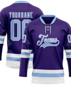 Custom Purple Light Blue-White Hockey Lace Neck Jersey