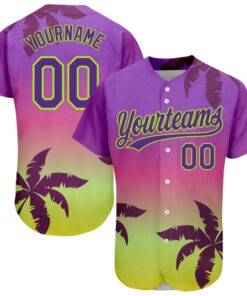 Custom Purple Neon Green 3D Pattern Design Hawaii Palm Trees Authentic Baseball Jersey
