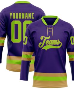 Custom Purple Neon Green-Old Gold Hockey Lace Neck Jersey