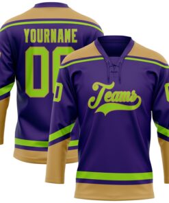 Custom Purple Neon Green-Old Gold Hockey Lace Neck Jersey