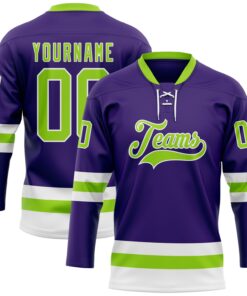 Custom Purple Neon Green-White Hockey Lace Neck Jersey