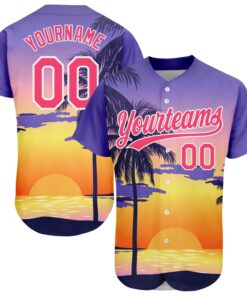 Custom Purple Neon Pink-White 3D Pattern Design Hawaii Palm Trees And Beach Sunrise Authentic Baseball Jersey