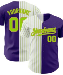 Custom Purple Old Gold-Neon Green Pinstripe Authentic Split Fashion Baseball Jersey