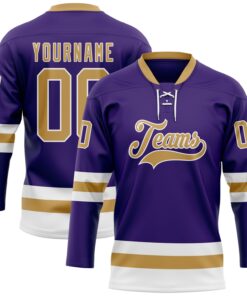 Custom Purple Old Gold-White Hockey Lace Neck Jersey