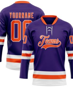 Custom Purple Orange-White Hockey Lace Neck Jersey