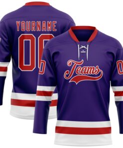 Custom Purple Red-White Hockey Lace Neck Jersey