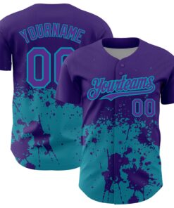 Custom Purple Teal 3D Pattern Design Abstract Splash Grunge Art Authentic Baseball Jersey