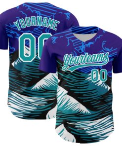 Custom Purple Teal-White 3D Pattern Design Mountains Authentic Baseball Jersey