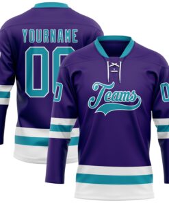 Custom Purple Teal-White Hockey Lace Neck Jersey