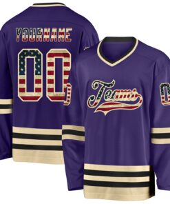 Custom Purple Vintage USA Flag Cream-Black Hockey Jersey
