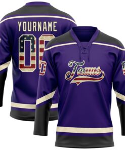 Custom Purple Vintage USA Flag Cream-Black Hockey Lace Neck Jersey