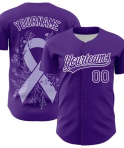 Custom Purple White 3D Gastric Cancer Ribbon Authentic Baseball Jersey