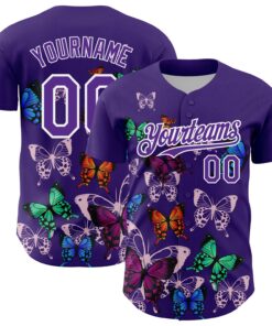 Custom Purple White 3D Pattern Design Animal Butterfly Authentic Baseball Jersey