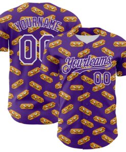 Custom Purple White 3D Pattern Design Foodie Fast Food Hot Dog Authentic Baseball Jersey
