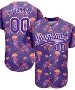 Custom Purple White 3D Pattern Design Jellyfish And Octopus Authentic Baseball Jersey
