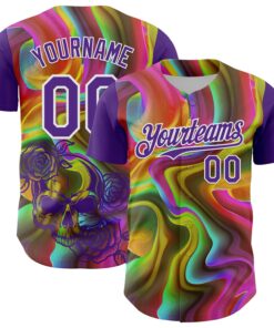 Custom Purple White 3D Pattern Design Rave Psychedelic Liquid And Skull Authentic Baseball Jersey