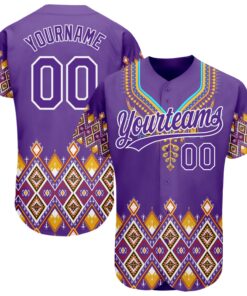 Custom Purple White 3D Pattern Design Traditional African Ethnic Style Authentic Baseball Jersey