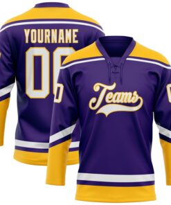 Custom Purple White-Gold Hockey Lace Neck Jersey