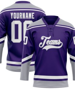 Custom Purple White-Gray Hockey Lace Neck Jersey