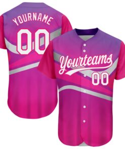Custom Purple White-Hot Pink 3D Pattern Design Abstract Sport Authentic Baseball Jersey
