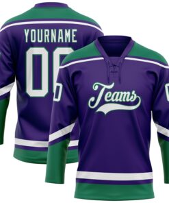 Custom Purple White-Kelly Green Hockey Lace Neck Jersey