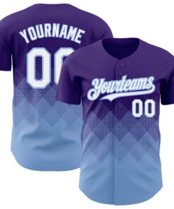 Custom Purple White-Light Blue 3D Pattern Design Gradient Square Shapes Authentic Baseball Jersey