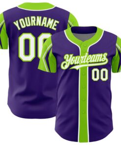Custom Purple White-Neon Green 3 Colors Arm Shapes Authentic Baseball Jersey