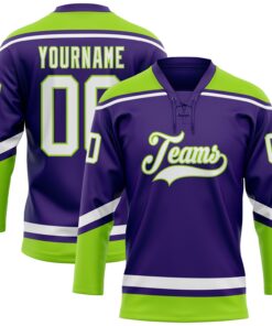 Custom Purple White-Neon Green Hockey Lace Neck Jersey