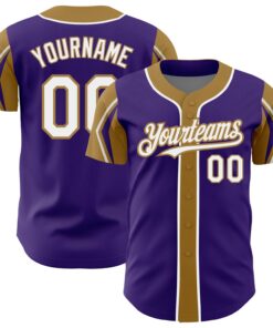 Custom Purple White-Old Gold 3 Colors Arm Shapes Authentic Baseball Jersey