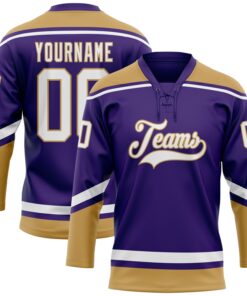 Custom Purple White-Old Gold Hockey Lace Neck Jersey