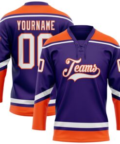 Custom Purple White-Orange Hockey Lace Neck Jersey
