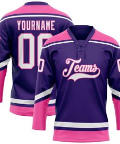 Custom Purple White-Pink Hockey Lace Neck Jersey