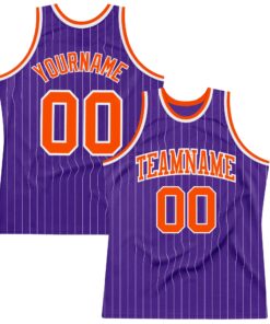 Custom Purple White Pinstripe Orange Authentic Basketball Jersey