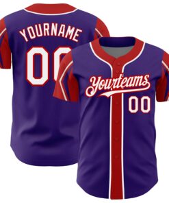 Custom Purple White-Red 3 Colors Arm Shapes Authentic Baseball Jersey