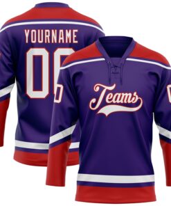 Custom Purple White-Red Hockey Lace Neck Jersey