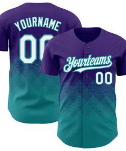 Custom Purple White-Teal 3D Pattern Design Gradient Square Shapes Authentic Baseball Jersey