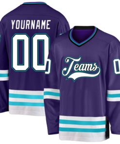 Custom Purple White-Teal Hockey Jersey
