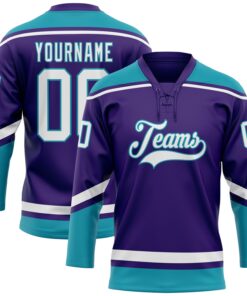 Custom Purple White-Teal Hockey Lace Neck Jersey