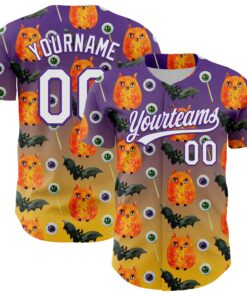 Custom Purple White-Yellow 3D Halloween Authentic Baseball Jersey