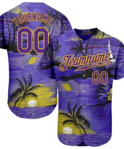 Custom Purple Yellow 3D Pattern Design Sun Beach Hawaii Palm Trees Authentic Baseball Jersey