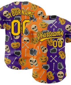 Custom Purple Yellow Bay Orange-Black 3D Pattern Halloween Skull Authentic Baseball Jersey