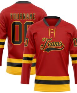 Custom Red Black-Gold Hockey Lace Neck Jersey