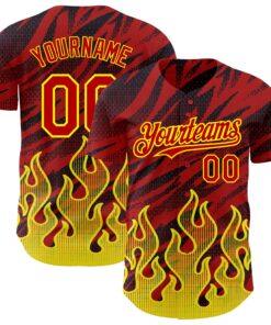 Custom Red Black-Light Yellow 3D Pattern Design Flame Authentic Baseball Jersey