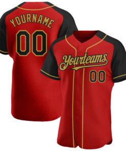 Custom Red Black-Old Gold Authentic Raglan Sleeves Baseball Jersey
