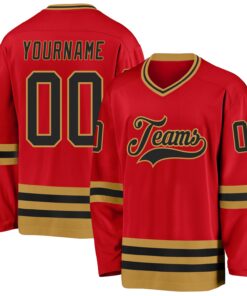 Custom Red Black-Old Gold Hockey Jersey